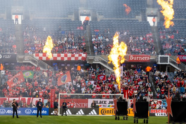 Pyrotechnics light up during pregame festivities as the Fire take on Nashville on Saturday, June 14, 2025, at Solder Field. (Vincent D. Johnson/for the Chicago Tribune)