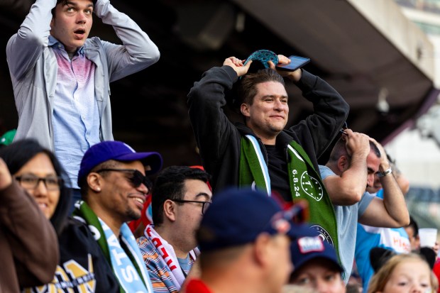 Ethan Boner stands after a near goal by the Fire against Nashville on Saturday, June 14, 2025, at Solder Field. (Vincent D. Johnson/for the Chicago Tribune)