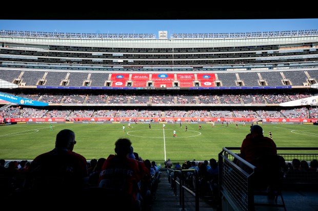 Fans watch as the Stars play the Seattle Reign on Saturday, June 14, 2025, at Solder Field. (Vincent D. Johnson/for the Chicago Tribune)