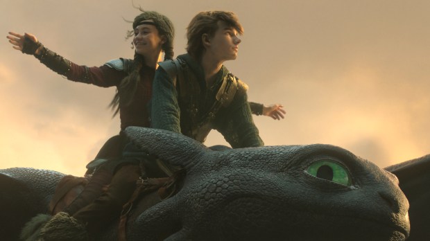 Nico Parker and Mason Thames in the remake of "How to Train Your Dragon." (Universal Pictures)