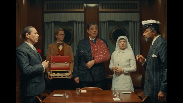 The cast of "The Phoenician Scheme" includes Mathieu Amalric, Michael Cera, Benicio Del Toro, Mia Threapleton and Jeffrey Wright. (TPS Productions/Focus Features)