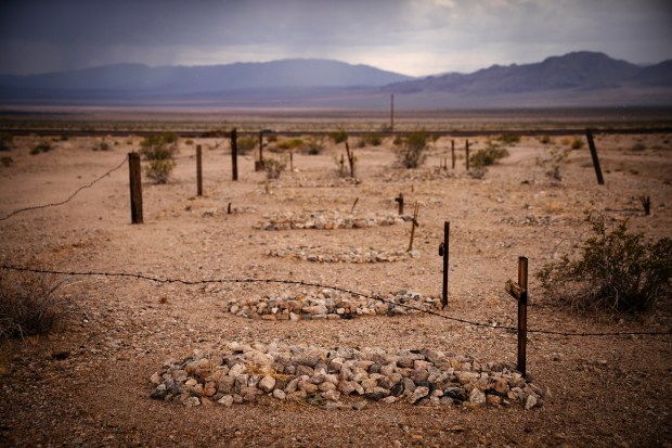 Bagdad Cemetery with 17 graves in the California ghost town on Route 66 in the Mojave Desert on June 3, 2025. (E. Jason Wambsgans/Chicago Tribune)