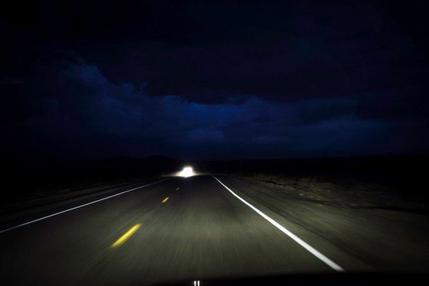 Heavy rains wash over Route 66 near Fenner, California, in a thwarted attempt to reach I-40 towards Needles, Arizona on June 3, 2025. (E. Jason Wambsgans/Chicago Tribune)