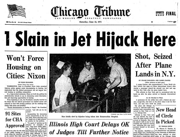 Gregory White boarded TWA Flight 358 on June 11, 1971, at Chicago's O'Hare International Airport. He held a flight attendant at gunpoint, shot and killed a passenger and demanded to be taken to North Vietnam. White was taken into custody when the aircraft landed in New York. (Chicago Tribune)