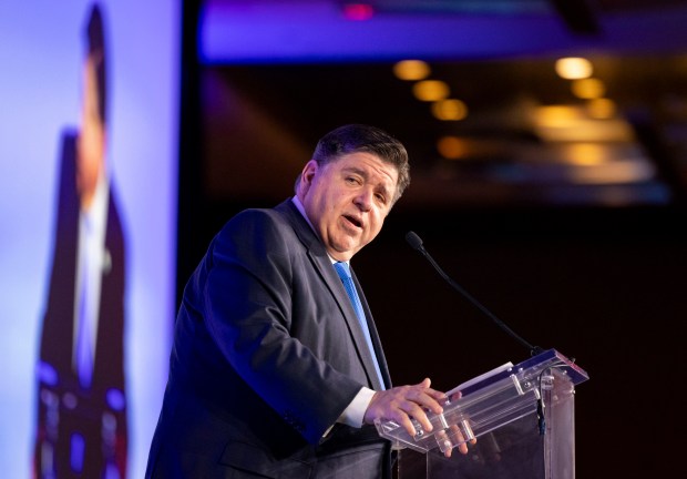 Gov. JB Pritzker speaks during the Chicagoland Chamber of Commerce annual meeting at the Hyatt Regency on June 3, 2025. (Brian Cassella/Chicago Tribune)