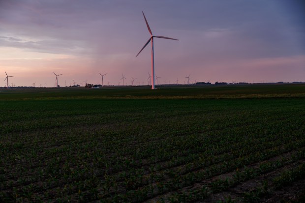 The sun sets as wind turbines are seen near a cornfield owned by Farmland Reserve, May 29, 2025, in downstate Arrowsmith. (Armando L. Sanchez/Chicago Tribune)