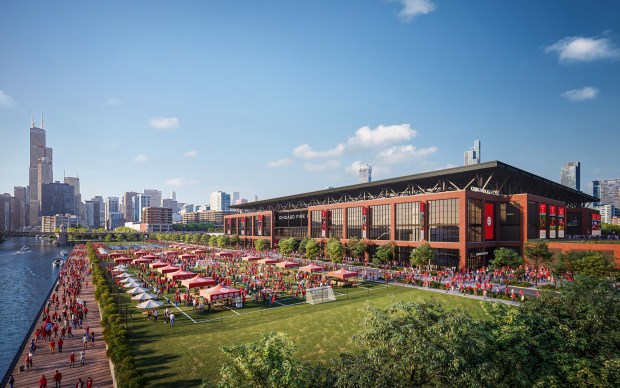 An artist's rendering shows the planned exterior view of the Chicago Fire stadium in The 78. (Chicago Fire FC and Gensler)