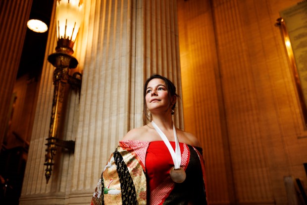 Julia Momosé, creative director and mixologist at Kumiko in the West Loop, poses for a portrait after winning outstanding bar at the 2025 James Beard Awards at the Lyric Opera House, June 16, 2025, in Chicago.(Armando L. Sanchez/Chicago Tribune)