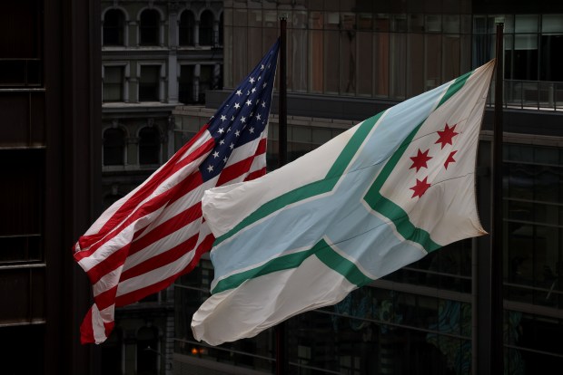 Cook County flag and United States flag at Daley Plaza in Chicago, Thursday, March 14, 2024. (Antonio Perez/Chicago Tribune)