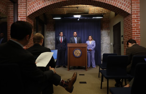 State Sen. Ram Villivalam, center, briefs reporters on the Northern Illinois Transit Authority Act, House Bill 3438, which would replace the Regional Transportation Authority, at the Illinois State Capitol on May 29, 2025, in Springfield. (John J. Kim/Chicago Tribune)