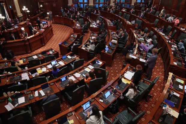 A House floor debate about medical aid in death is held at the Illinois State Capitol on May 29, 2025, in Springfield. (John J. Kim/Chicago Tribune)