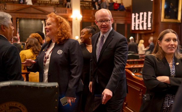 Senate President Don Harmon departs after Gov. JB Pritzker delivered his State of the State and budget address before the General Assembly at the Illinois State Capitol, Feb. 21, 2024. (Brian Cassella/Chicago Tribune/pool)