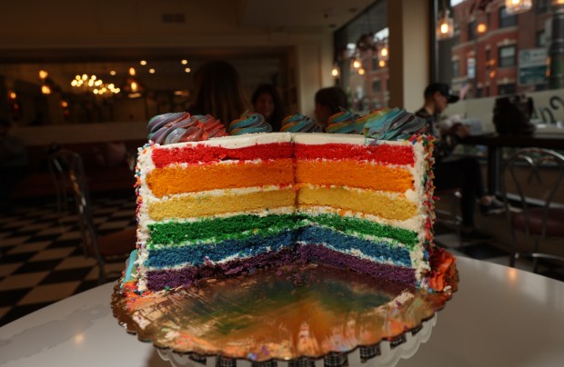 A rainbow cake is sold by the slice at Jennivee's Bakery & Cafe on June 13, 2025, in Chicago. (John J. Kim/Chicago Tribune)
