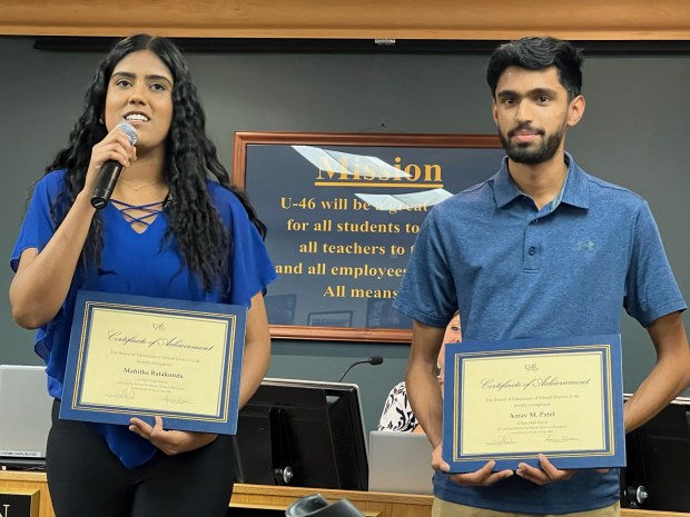 Recent Elgin High School graduates Mahitha Ratakonda, left, and Aarav Patel took first place in the disease detectives category in the Illinois Science Olympiad held at the University of Illinois Urbana-Champaign. (School District U-46)