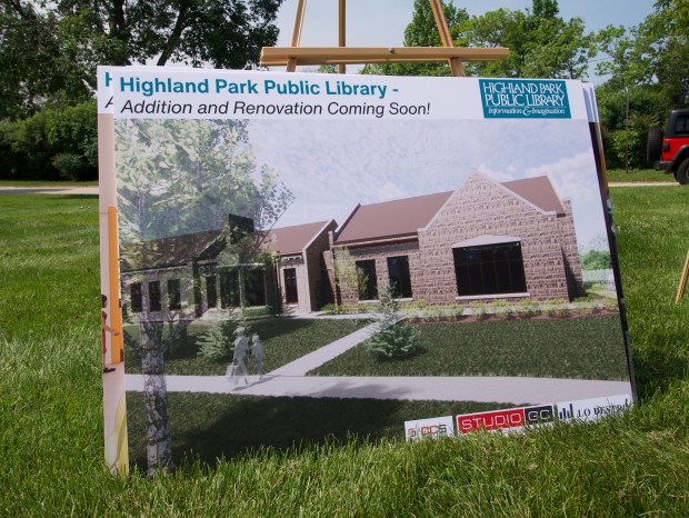 A rendering of the Highland Park Public Library expansion set up during the project's groundbreaking. Local and state officials gathered to celebrate. (Joe States/Pioneer Press)
