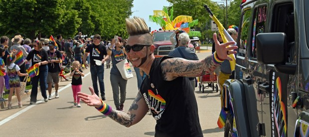 Alex Sebastian Versage of Highwood and with Highwood Pride at the 2025 Buffalo Grove Pride Parade on June 1, 2025 in Buffalo Grove. (Karie Angell Luc/Pioneer Press)