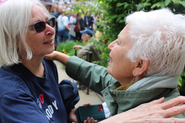 Executive director of ACLU Illinois, Colleen Connell with 'No Kings' rally co-host, Highland Park resident and climate change activist, Anita Goldberg, during Saturday's demonstration outside of Highland Park City Hall. (Gina Grillo/ for the Pioneer Press)