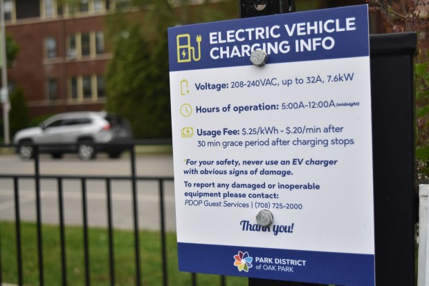 Charging fees for the new electric vehicle station at Ridgeland Common Recreation Complex in Oak Park cover electricity and upkeep costs, Park District officials said. (Jesse Wright/Pioneer Press)