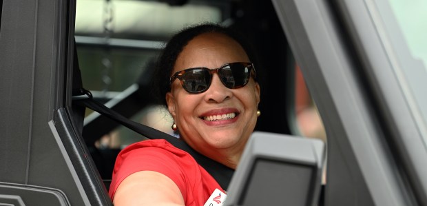 Libertyville Mayor Donna Johnson rides on the Milwaukee Avenue parade route for the 2025 Libertyville Days Parade on June 14, 2025 in downtown Libertyville. (Karie Angell Luc/Pioneer Press)