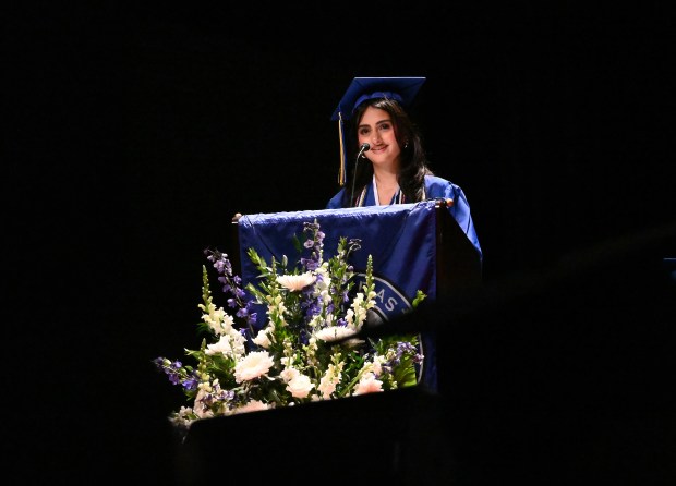 Krishna Gandhi is student commencement speaker at Maine East High School's graduation in Rosemont on May 18, 2025 at the Rosemont Theatre (5400 N. River Road). (Karie Angell Luc/for Pioneer Press)