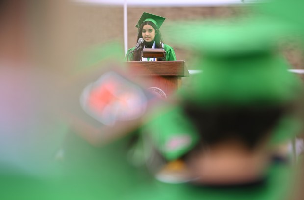 Mariem Rachih offers the Senior Address at Commencement 2025 on May 27, 2025 at Ridgewood High School in Norridge. (Karie Angell Luc/Pioneer Press)