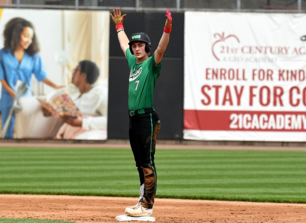 Valparaiso's Caden Crowell reacts after hitting a double