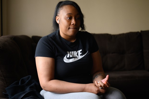 Merrillville resident Shikeia Randolph, who filed a civil suit against a Lake County Sheriff's officer for excessive force, pauses for a moment as she speaks about the event that spurred her lawsuit on Friday, June 13, 2025. (Kyle Telechan/for the Post-Tribune)
