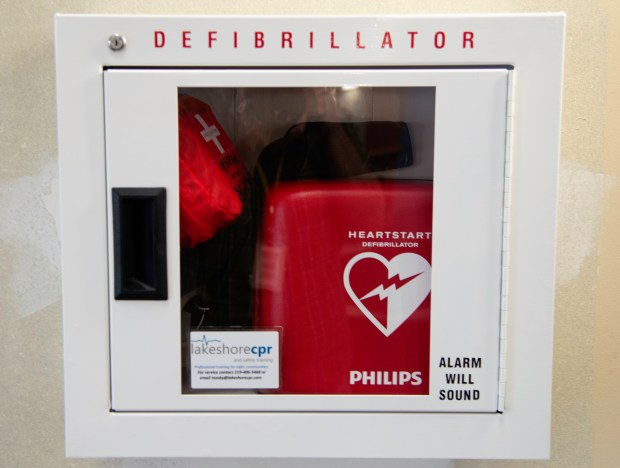 The automated external defibrillator, or AED, located on the main floor of the Porter County Administration Building, was recently moved to a more accessible spot in the main rotunda. (Michael Gard/for the Post-Tribune)