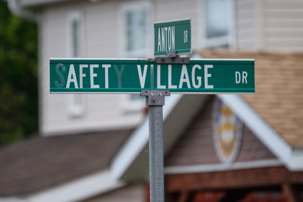 A street sign is posted at a corner of an intersection in the Tri-Town Safety Village in Schererville on Wednesday, June 11, 2025. (Kyle Telechan/for the Post-Tribune)