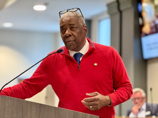 Valparaiso City Councilman Robert Cotton introduces panelists for a discussion on housing affordability Thursday, May 29, 2025, at City Hall. Audience members later worked through scenarios to address hypothetical individuals' needs. (Doug Ross/for Post-Tribune)