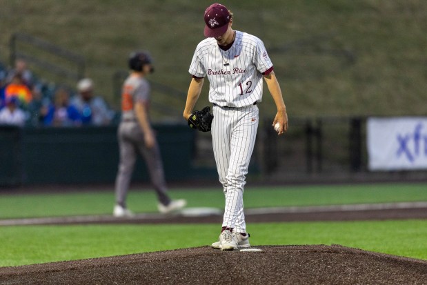 Brother Rice's Danny Sheehan (12) takes the mound as a reliever in the first inning against McHenry during the Class 4A state semifinal at Duly Health and Care Field in Joliet on Friday, June 13, 2025. (Vincent D. Johnson / for the Daily Southtown)