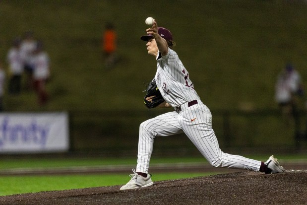 Brother Rice pitcher Danny Sheehan (12) releases the ball against McHenry during the Class 4A state semifinal at Duly Health and Care Field in Joliet on Friday, June 13, 2025. (Vincent D. Johnson / for the Daily Southtown)