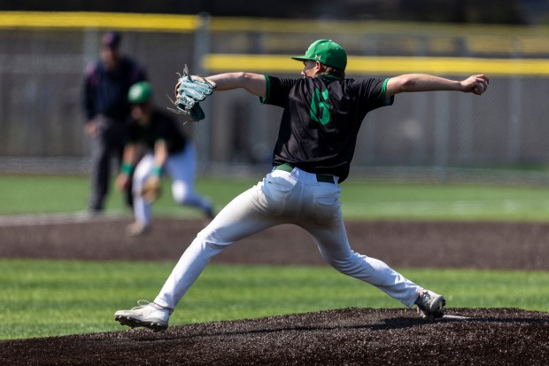 Providence's Nate O'Donnell (6) extends on a pitch against Homewood-Flossmoor during the Class 4A Sandburg Regional final at Andrew in Tinley Park on Saturday, May 31, 2025. (Vincent D. Johnson / for the Daily Southtown)