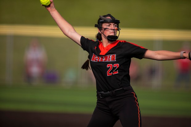 Beecher's Taylor Norkus (22) pitches against Brimfield/Elmwood during the Class 2A East Peoria Supersectional at EastSide Centre in East Peoria on Monday, June 2, 2025. (Vincent D. Johnson / for the Daily Southtown)