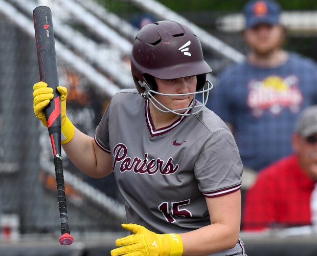 Lockport's Liliana Janeczko (15) sports a pair of very bright yellow batting gloves as she steps up to the plate. Barrington defeated Lockport 1-0 in 10 innings at the Louisville Slugger Sports Complex in Peoria, Class 4A state semifinals, Friday, June 13, 2025. (Rob Dicker / for the Daily Southtown)