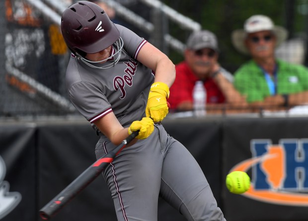 Lockport's Liliana Janeczko (15) takes a swing at a low pitch. Barrington defeated Lockport 1-0 in 10 innings at the Louisville Slugger Sports Complex in Peoria, Class 4A state semifinals, Friday, June 13, 2025. (Rob Dicker / for the Daily Southtown)