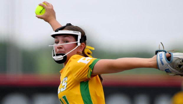 Providence Catholic's Macie Robbins (11) pitches. Providence Catholic fell to Glenwood 3-2 in 8 innings at the Louisville Slugger Sports Complex in Peoria, Class 3A championship game, Saturday, June 14, 2025. (Rob Dicker / for the Daily Southtown)