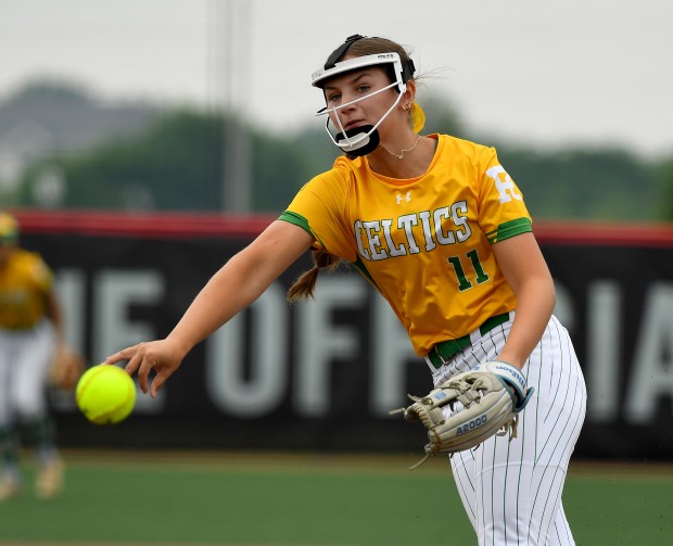 Providence Catholic's Macie Robbins (11) pitches in the in the bottom of the second inning. Providence Catholic defeated St. Laurence 5-2 at the Louisville Slugger Sports Complex in Peoria, Class 3A state semifinals, Friday, June 13, 2025. (Rob Dicker / for the Daily Southtown)