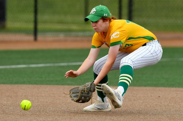 Providence Catholic's shortstop Aleigh Hill (13) picks up a hot grounder. Providence Catholic defeated St. Laurence 5-2 at the Louisville Slugger Sports Complex in Peoria, Class 3A state semifinals, Friday, June 13, 2025. (Rob Dicker / for the Daily Southtown)