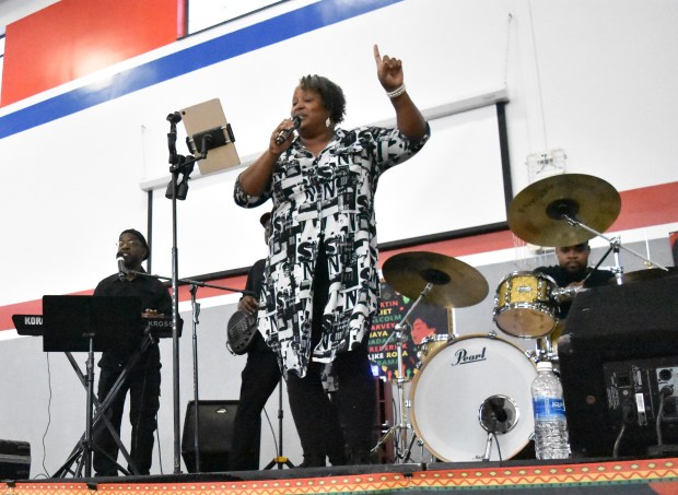 The band Cuz'n performs in the community center during an early Juneteenth celebration in Richton Park June 14, 2025. (Jesse Wright/for the Daily Southtown)