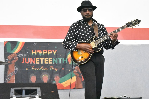 The band Cuz'n performs in the community center during an early Juneteenth celebration in Richton Park June 14, 2025. (Jesse Wright/for the Daily Southtown)