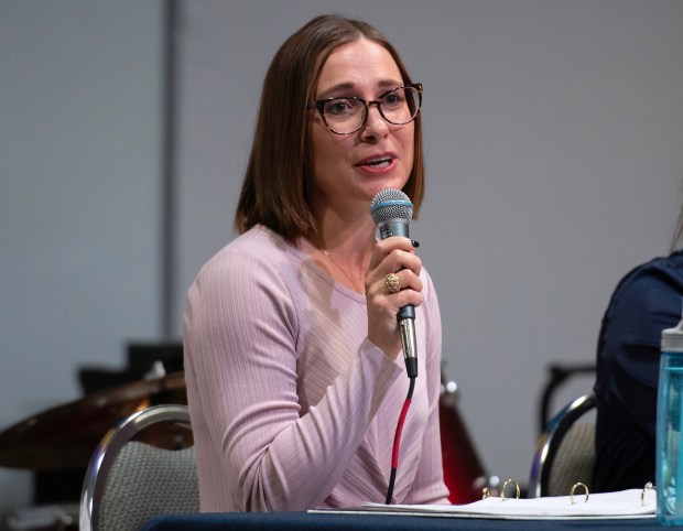 Democrat Ellen Kapitan speaks during a forum of Valparaiso City Council at-large candidates on Thursday, October 5, 2023 at Living Hope Church. (Michael Gard / Post-Tribune)