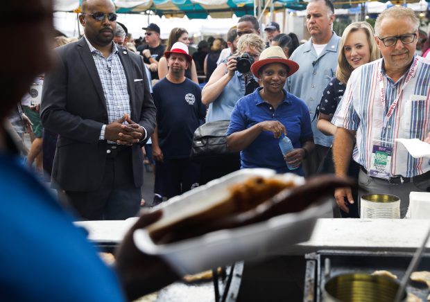 Then Mayor Lori Lightfoot waits for Polish food as she attends the Taste of Polonia Festival held at the Copernicus Center in Chicago on Labor Day on Sept. 2, 2019. (José M. Osorio/Chicago Tribune)