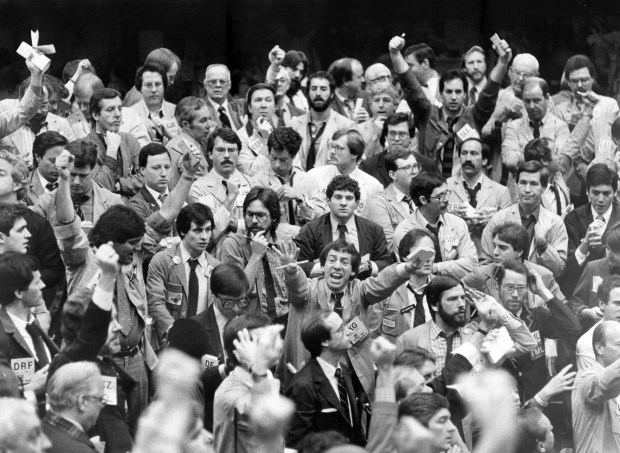 This is what the Chicago Board of Trade looked like in the 1980s when "Ferris Bueller's Day off" was filmed there. The Soybean pit is full of traders at the Chicago Board of Trade on Jan. 12, 1984, in Chicago. Editors note: this historic print shows some hand-painting of the background. (Charles Osgood/Chicago Tribune)