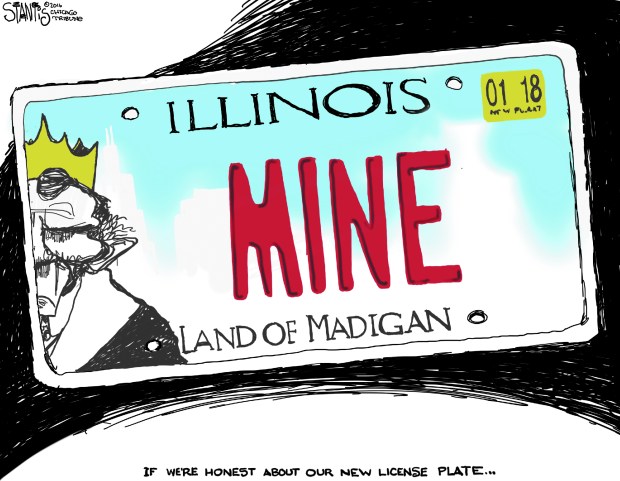 Tribune editorial cartoonist Scott Stantis on the new state license plates in Nov. 2016. (Scott Stantis/for the Chicago Tribune)