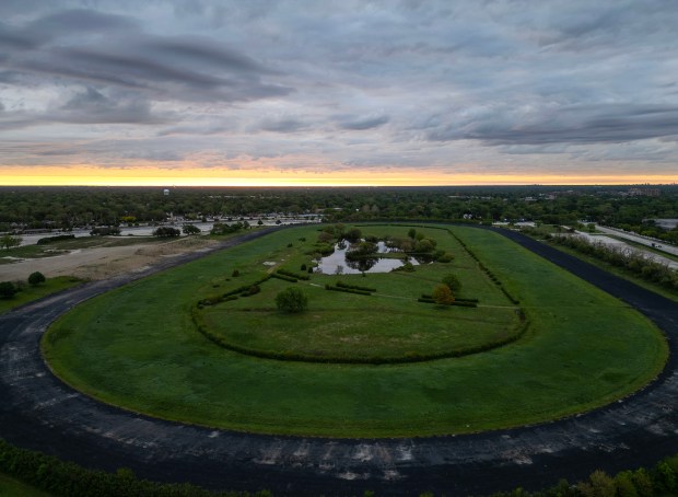 The former Arlington International Racecourse facing east at sunrise on May 23, 2025, in Arlington Heights. (Stacey Wescott/Chicago Tribune)