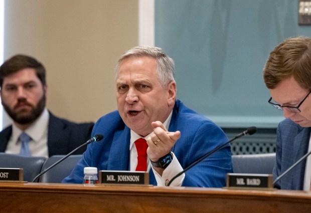 U.S. Rep. Mike Bost speaks during a hearing of the House Agriculture Committee about the impact of economic policies on farm country on Feb. 11, 2025, on Capitol Hill in Washington. Bost is challenging Illinois' post-Electiion Day ballot-counting law in court. (Brian Cassella/Chicago Tribune)