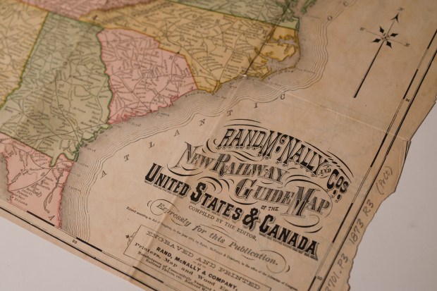 "Rand McNally & Co's. New Railway Guide Map of the United States & Canada," from 1873, at Newberry Library on Thursday, May 29, 2025. (Eileen T. Meslar/Chicago Tribune)