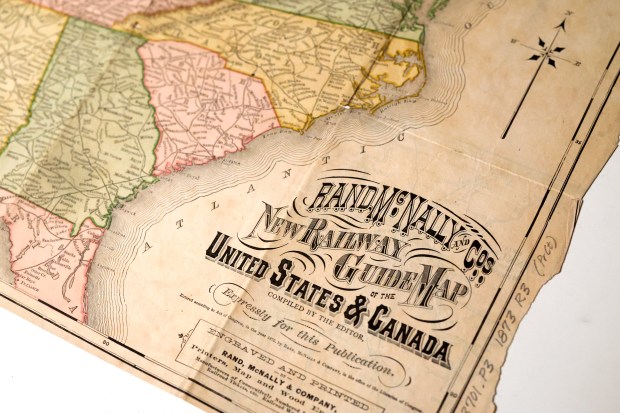 An 1873 "Rand McNally and Co's. New Railway Guide Map of the United States & Canada," is at the Newberry Library, May 29, 2025. (Eileen T. Meslar/Chicago Tribune)