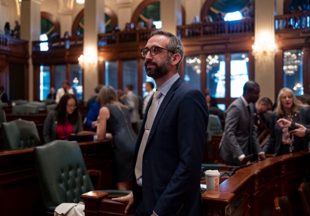 State Rep. Will Guzzardi on the floor before Gov. J.B. Pritzker delivered his annual budget address to a joint session of the General Assembly on Feb. 15, 2023, at the Illinois State Capitol. (Brian Cassella/Chicago Tribune)